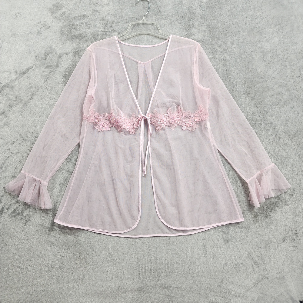 Vintage Shirley Of Hollywood Robe Womens M Pink Floral Sequin Kimono Lingerie
